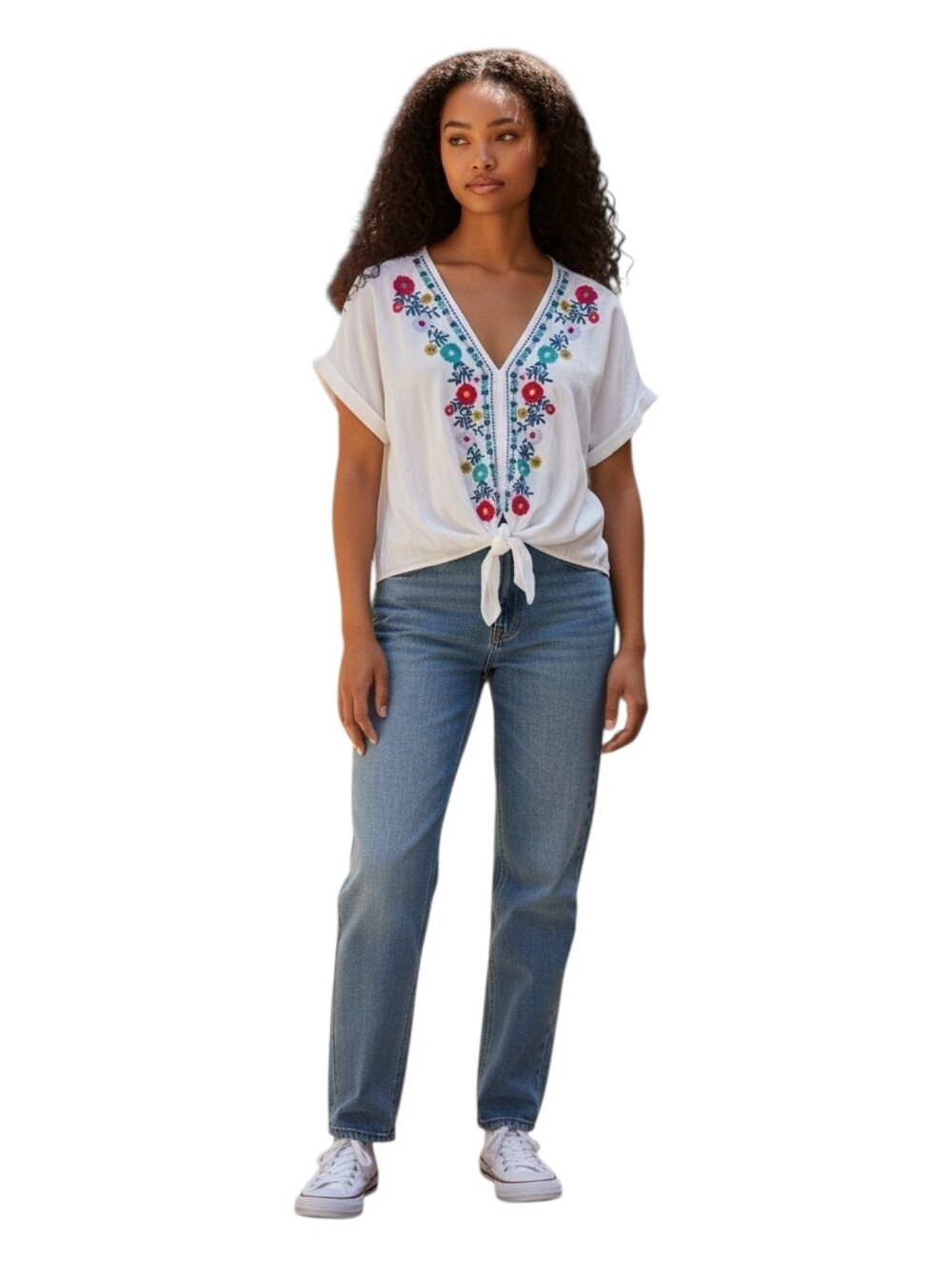 Entro Boho Embroidered Summer Blouse Size Large White Blue Pink Lightweight